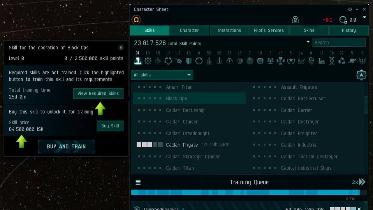 Массовая закупка навыков по требованию для изучения Black Ops в EVE Online